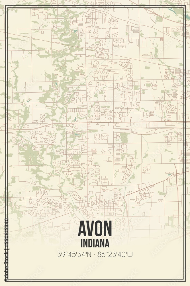 Retro US city map of Avon, Indiana. Vintage street map.