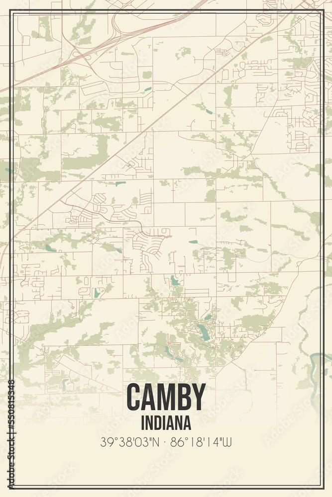 Retro US city map of Camby, Indiana. Vintage street map.