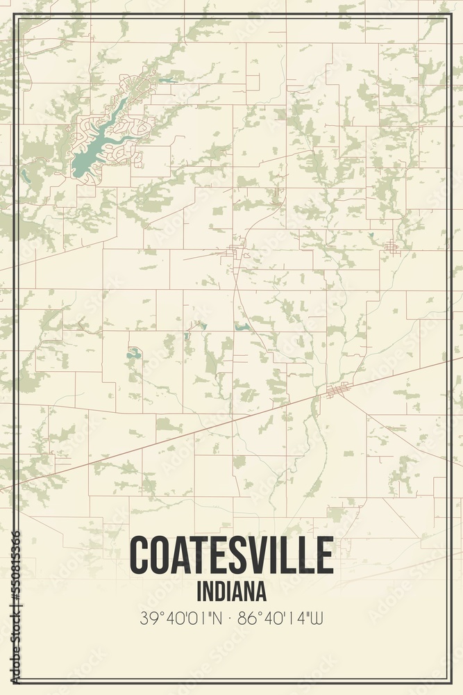 Retro US city map of Coatesville, Indiana. Vintage street map.