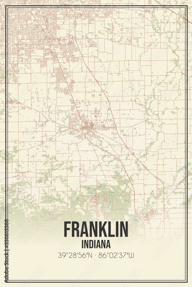 Retro US city map of Franklin, Indiana. Vintage street map.