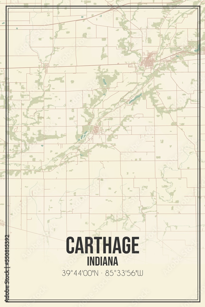 Retro US city map of Carthage, Indiana. Vintage street map.