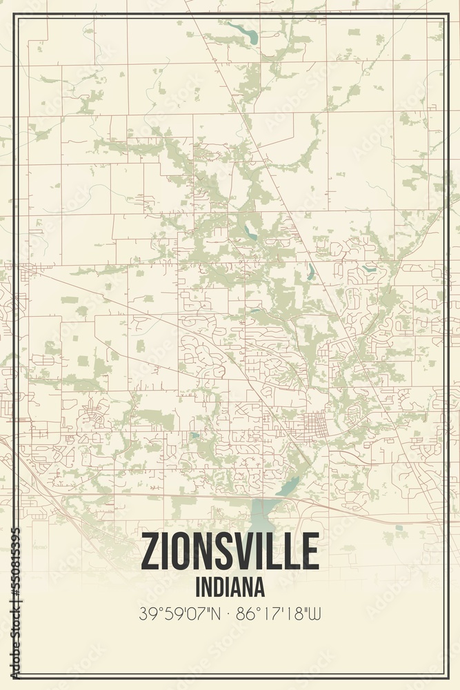 Retro US city map of Zionsville, Indiana. Vintage street map.
