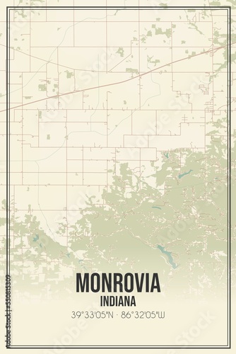 Retro US city map of Monrovia, Indiana. Vintage street map.