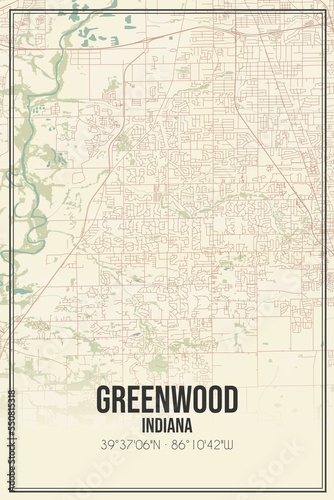 Retro US city map of Greenwood, Indiana. Vintage street map. © Rezona