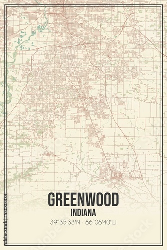 Retro US city map of Greenwood, Indiana. Vintage street map. photo