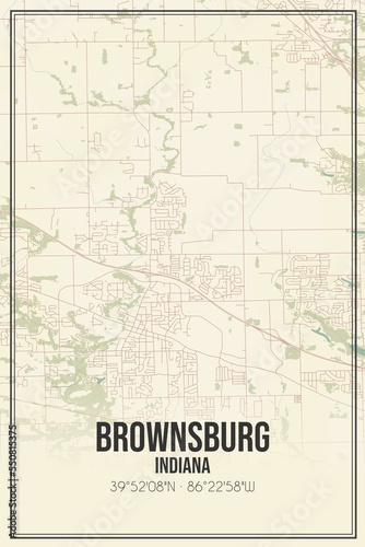 Retro US city map of Brownsburg  Indiana. Vintage street map.