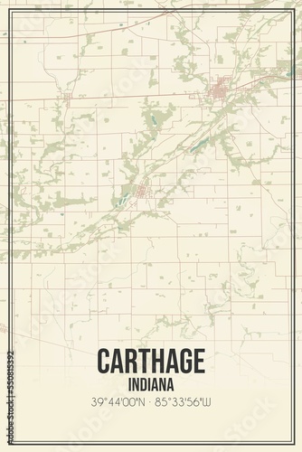 Retro US city map of Carthage, Indiana. Vintage street map.
