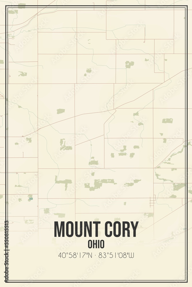 Retro US city map of Mount Cory, Ohio. Vintage street map. Stock