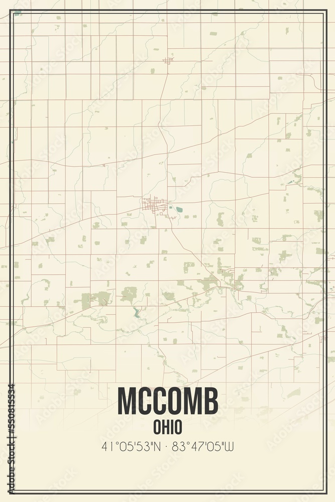 Retro US city map of McComb, Ohio. Vintage street map.