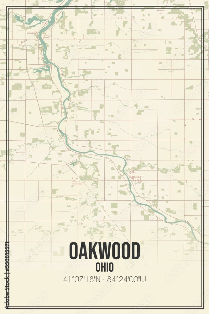 Retro US city map of Oakwood, Ohio. Vintage street map.