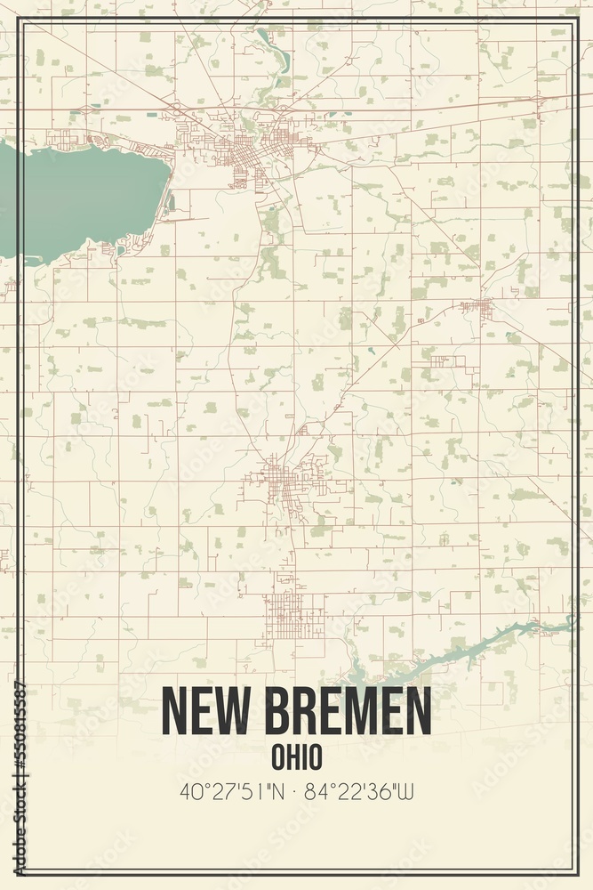 Retro US city map of New Bremen, Ohio. Vintage street map.