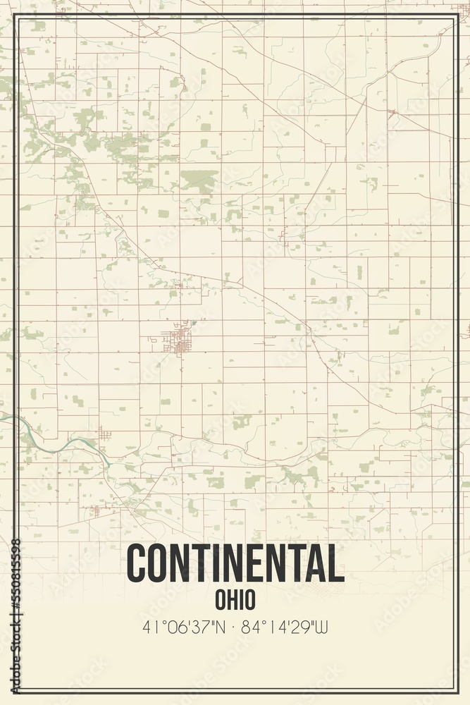 Retro US city map of Continental, Ohio. Vintage street map.