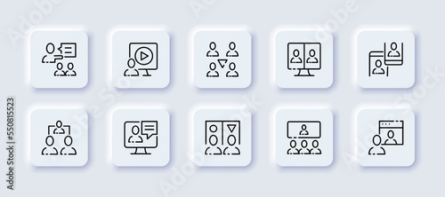 Working communication set icon. Director, manager, distribute tasks, subordinates, hierarchy, teamwork, online conference, phone computer, presentation. Bsuiness concept. Neomorphism. Vector line icon