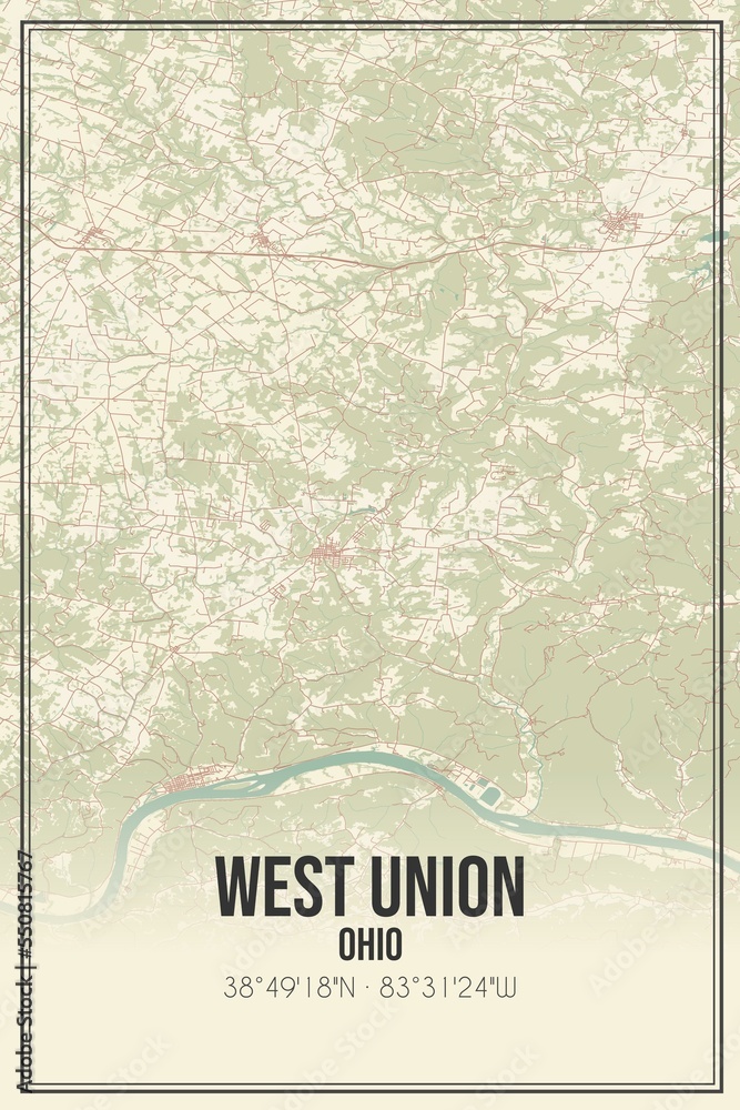 Retro US city map of West Union, Ohio. Vintage street map.