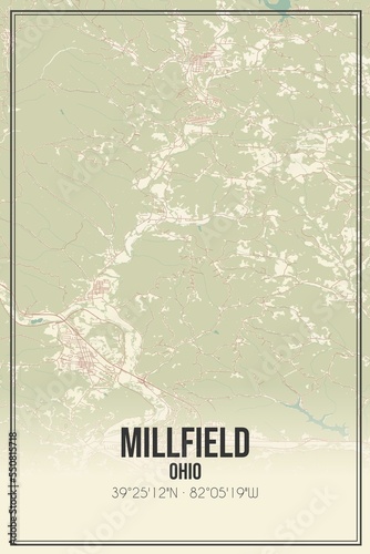 Retro US city map of Millfield, Ohio. Vintage street map. photo