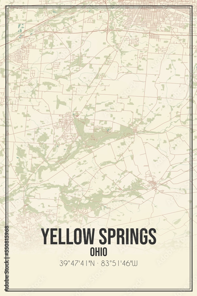 Retro US city map of Yellow Springs, Ohio. Vintage street map.