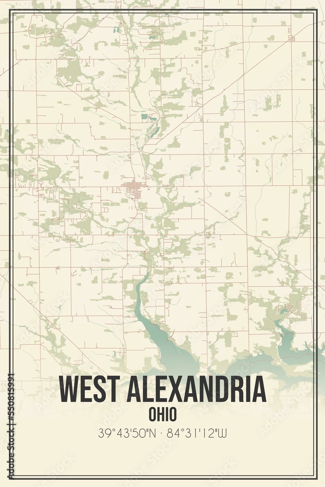 Retro US city map of West Alexandria, Ohio. Vintage street map.