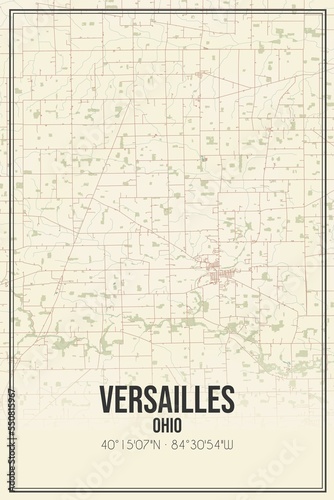 Retro US city map of Versailles, Ohio. Vintage street map.