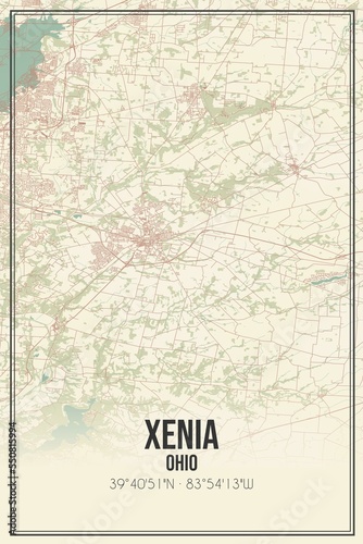 Retro US city map of Xenia, Ohio. Vintage street map.