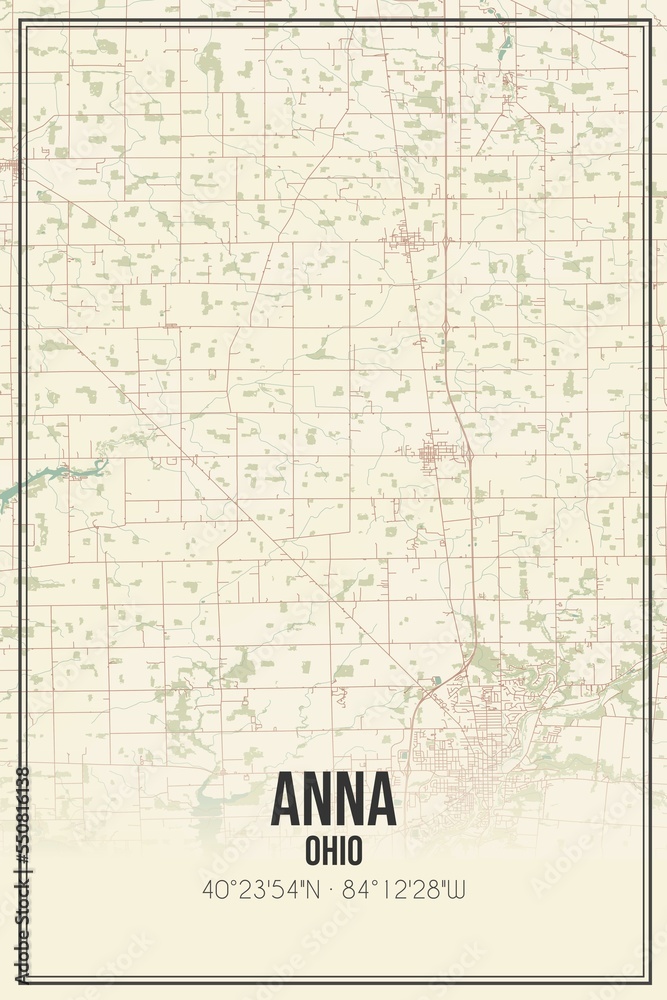 Retro US city map of Anna, Ohio. Vintage street map.