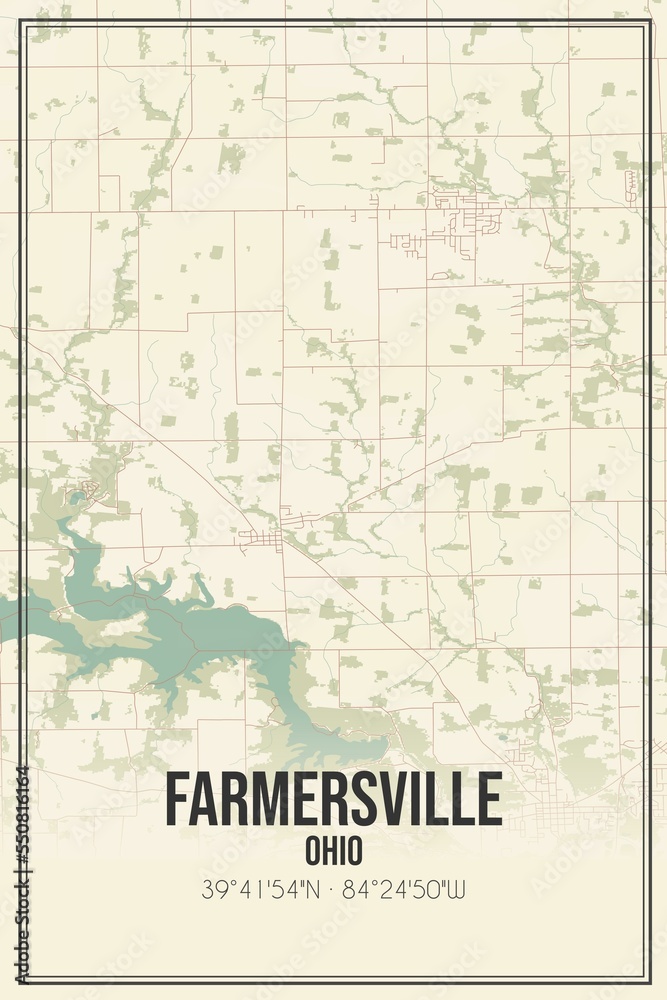 Retro US city map of Farmersville, Ohio. Vintage street map.