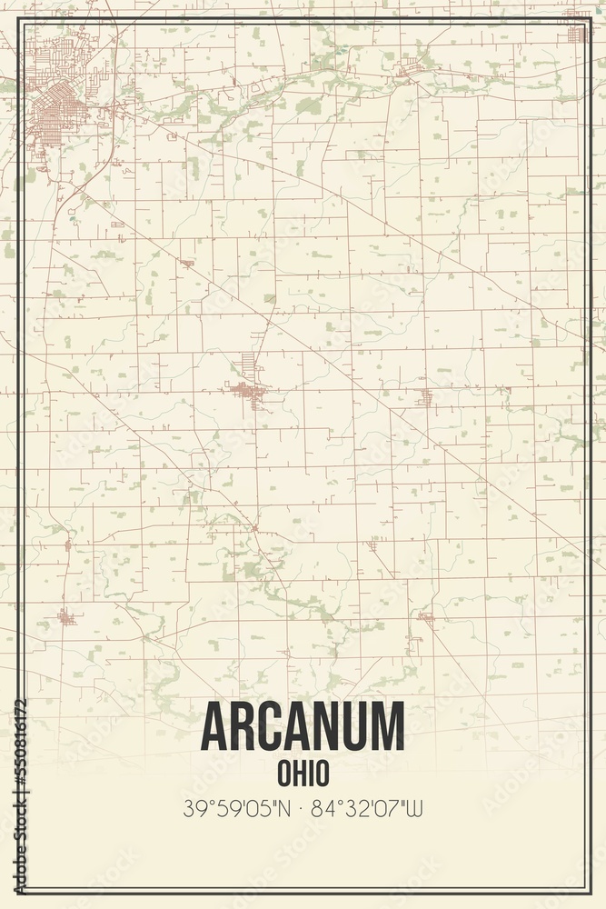 Retro US city map of Arcanum, Ohio. Vintage street map.