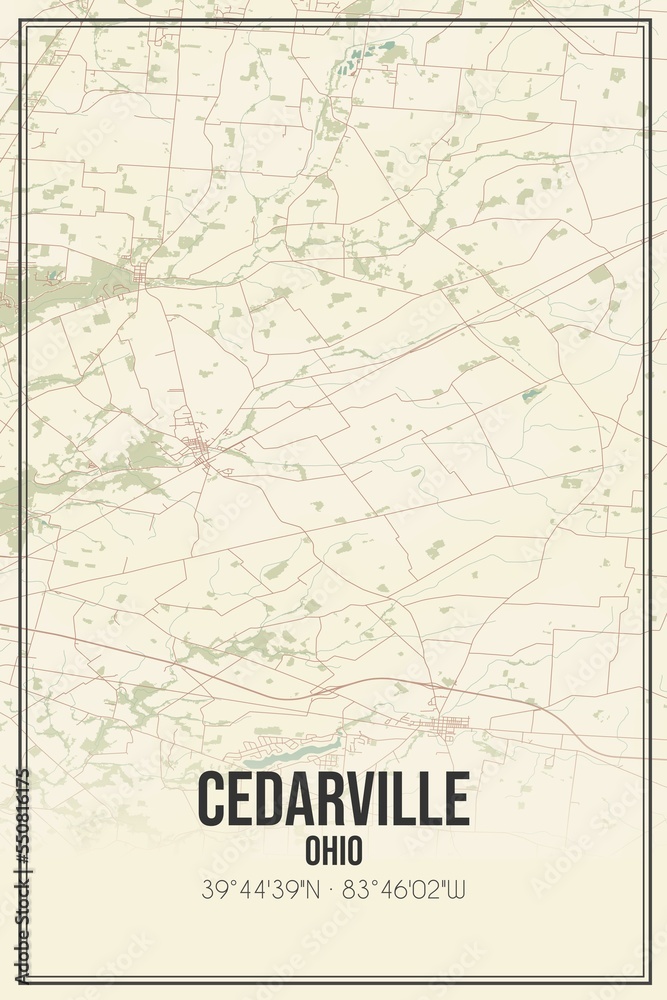 Retro US city map of Cedarville, Ohio. Vintage street map.