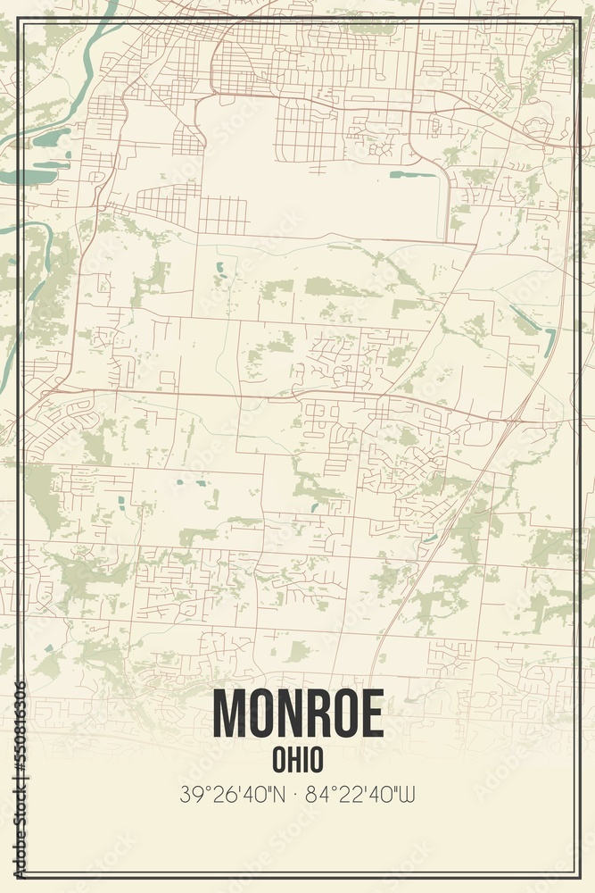 Retro US city map of Monroe, Ohio. Vintage street map.