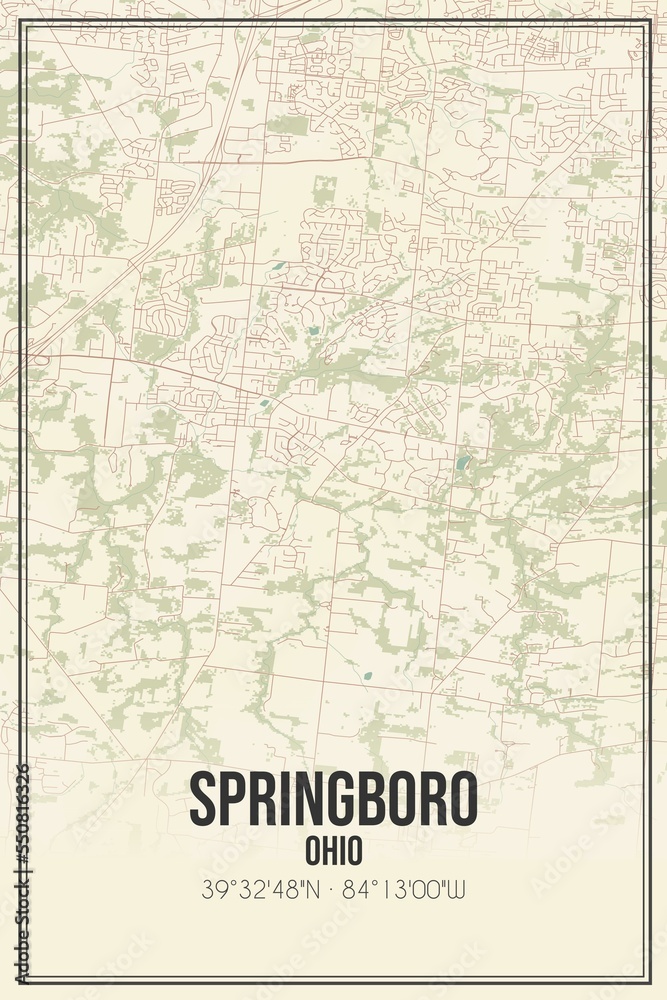 Retro US city map of Springboro, Ohio. Vintage street map.