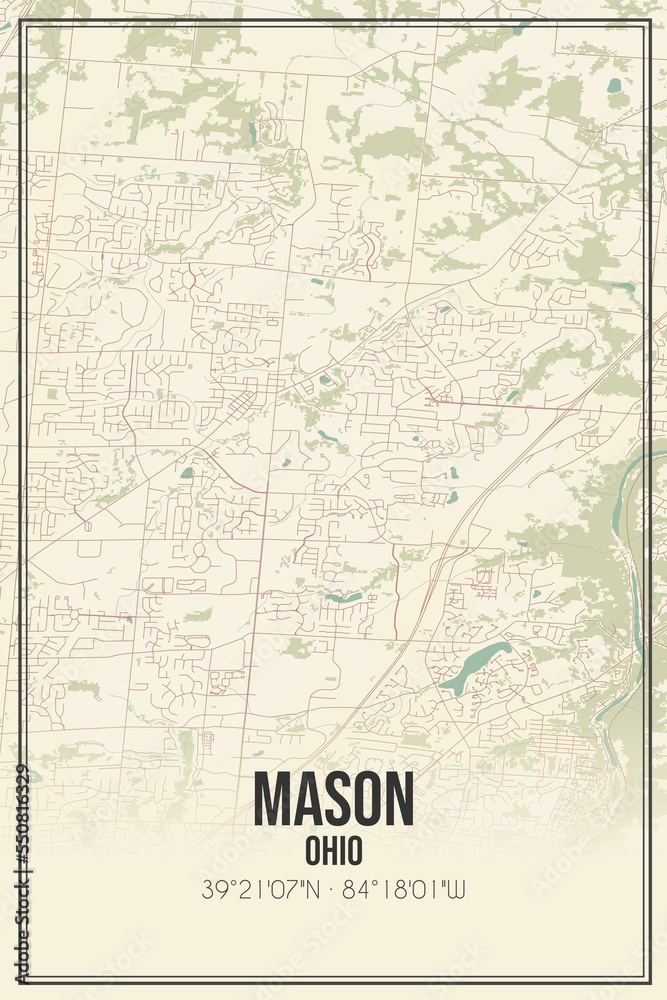 Retro US city map of Mason, Ohio. Vintage street map.