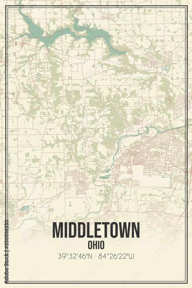 Retro US city map of Middletown, Ohio. Vintage street map.