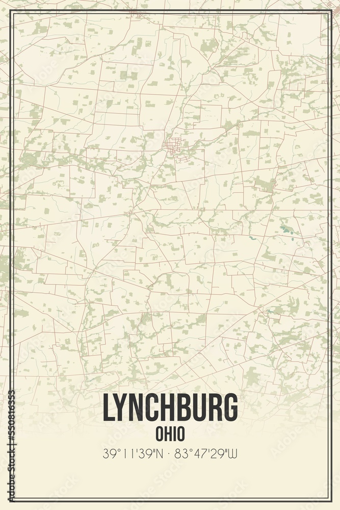 Retro US city map of Lynchburg, Ohio. Vintage street map.