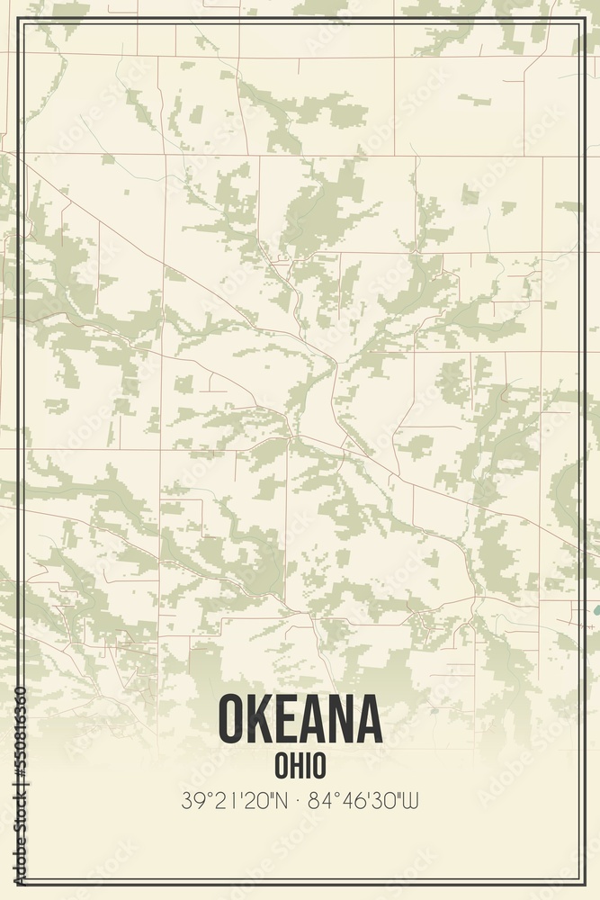 Retro US city map of Okeana, Ohio. Vintage street map.