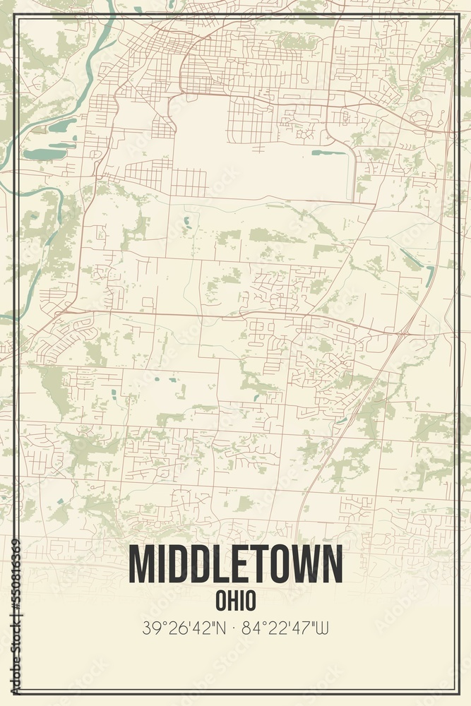 Retro US city map of Middletown, Ohio. Vintage street map.