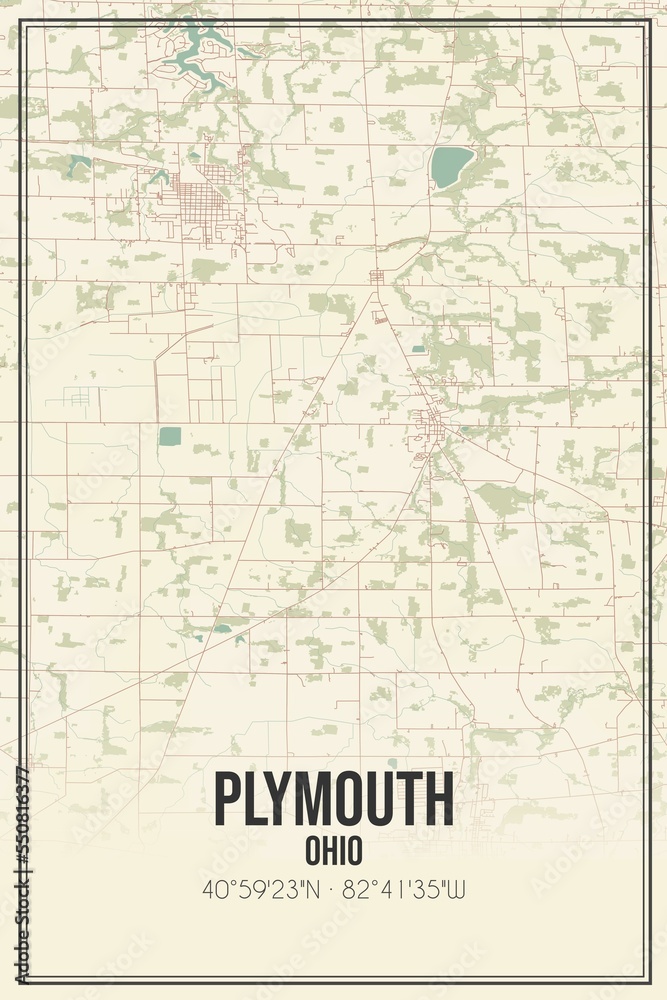 Retro US city map of Plymouth, Ohio. Vintage street map.