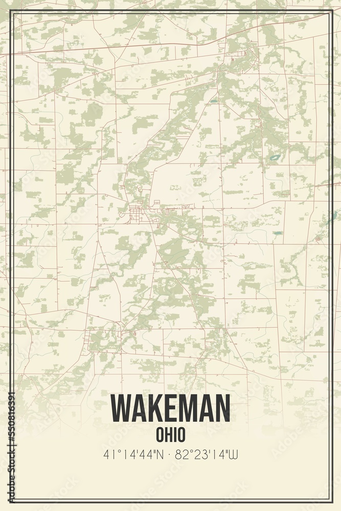 Retro US city map of Wakeman, Ohio. Vintage street map.