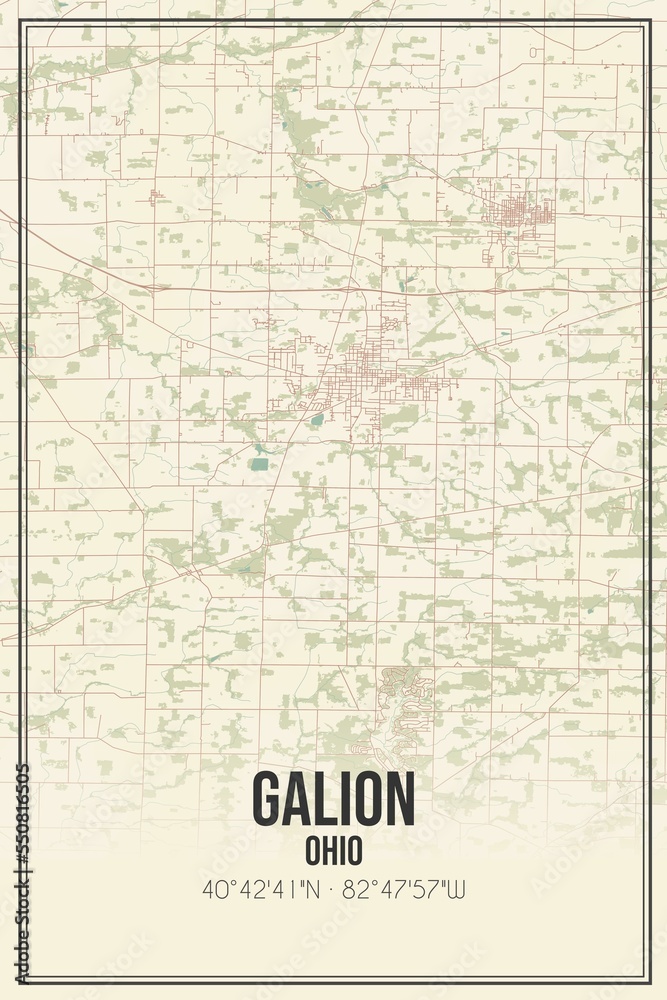 Retro US city map of Galion, Ohio. Vintage street map.