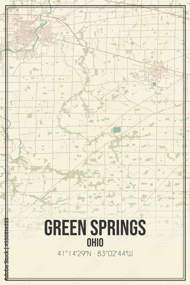 Retro US city map of Green Springs, Ohio. Vintage street map.