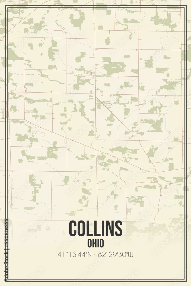 Retro US city map of Collins, Ohio. Vintage street map.