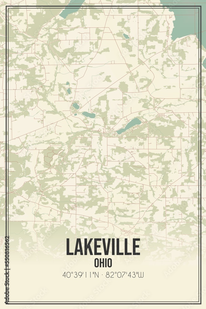 Retro US city map of Lakeville, Ohio. Vintage street map.