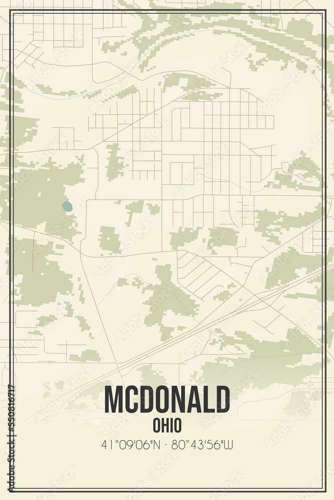 Retro US city map of McDonald, Ohio. Vintage street map.