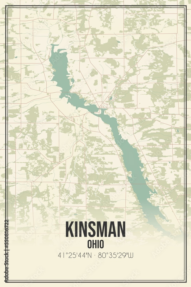 Retro US city map of Kinsman, Ohio. Vintage street map.