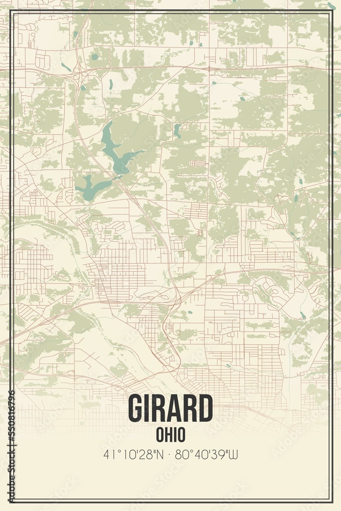 Retro US city map of Girard, Ohio. Vintage street map.