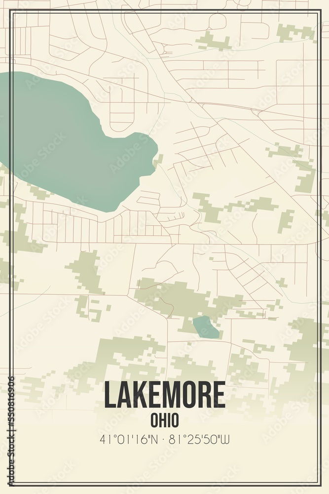 Retro US city map of Lakemore, Ohio. Vintage street map.
