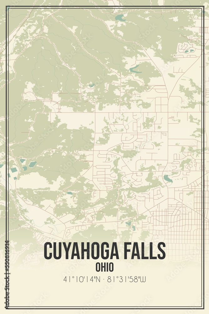 Retro US city map of Cuyahoga Falls, Ohio. Vintage street map.