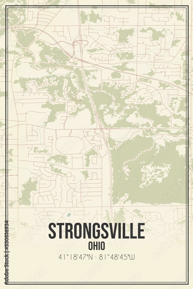 Retro US city map of Strongsville, Ohio. Vintage street map.