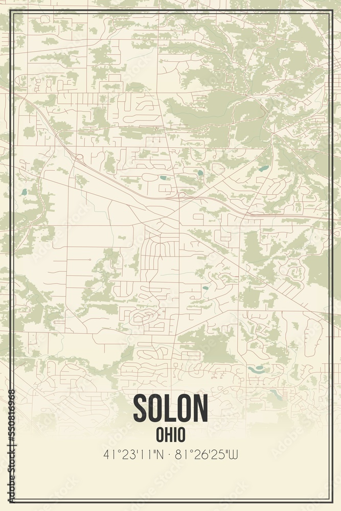 Retro US city map of Solon, Ohio. Vintage street map.