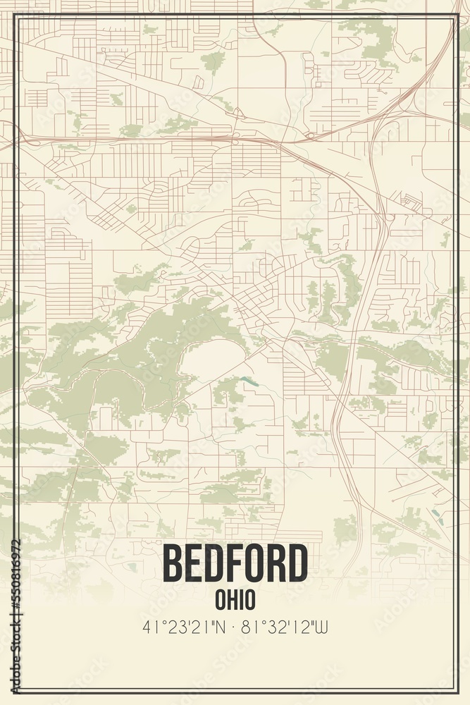 Retro US city map of Bedford, Ohio. Vintage street map.