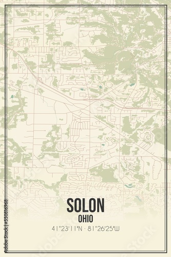 Retro US city map of Solon  Ohio. Vintage street map.