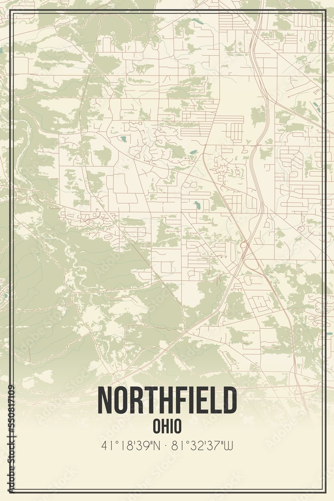Retro US city map of Northfield, Ohio. Vintage street map.